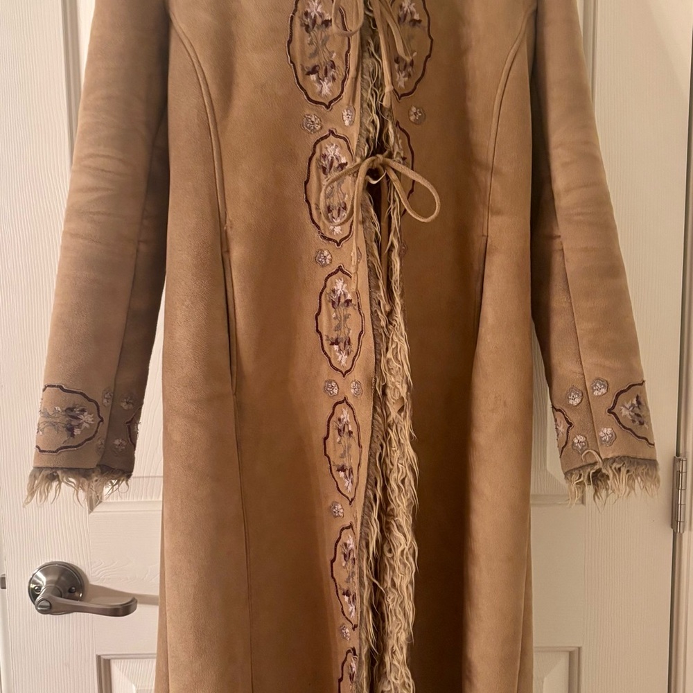 Italian-Milan Promod Hooded Shearling Embroidered Long Fur lined Bow Tie Jacket